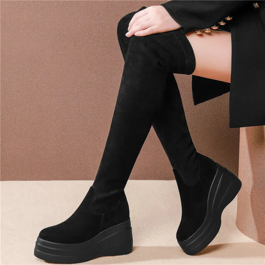

Women Genuine Leather High Heel Over The Knee Boots Female Stretchy Velvet Slim Leg Fashion Sneakers Wedges Platform Pumps Shoes