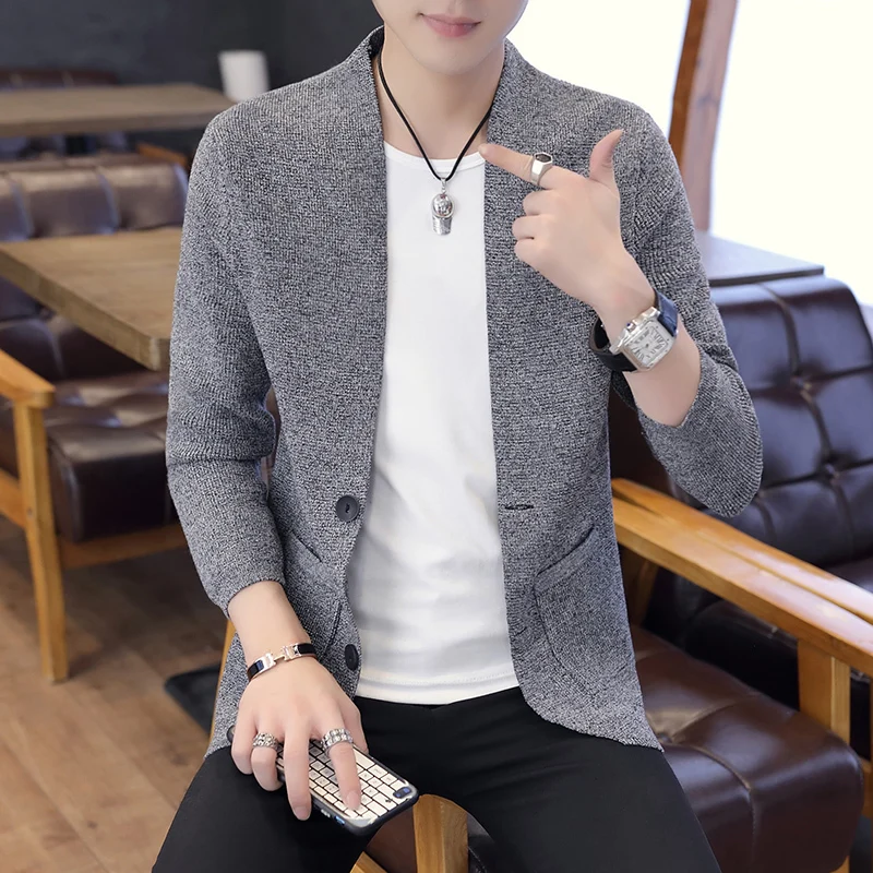 

New Autumn solid color men's cardigan sweater Korean casual long sleeves handsome tide clothes Fleece Japan Style Black