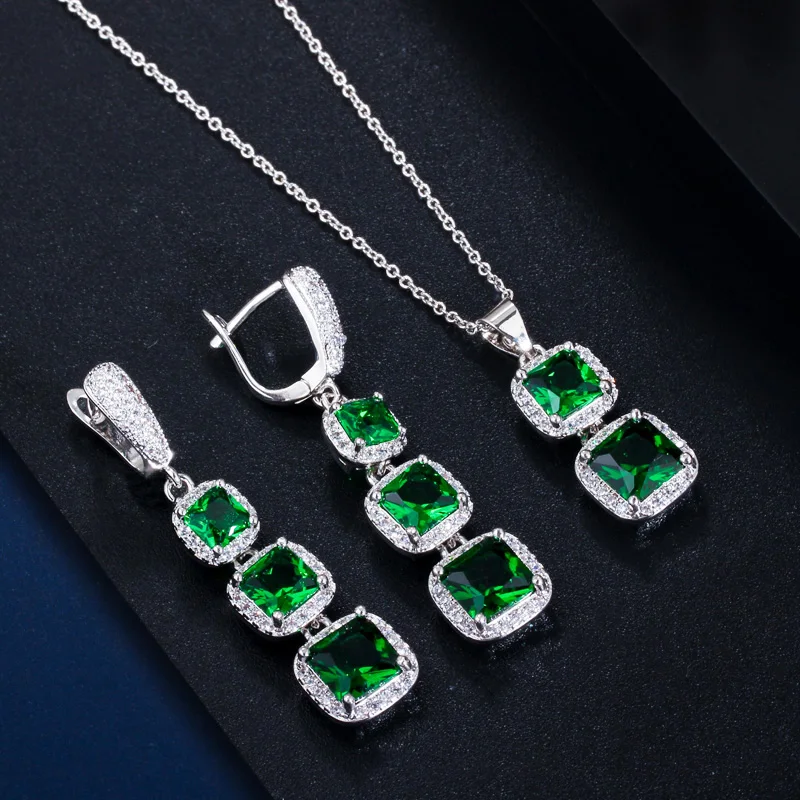 CWWZircons Элегантный квадратный Королевский синий кубический цирконий висячие серьги подвеска ожерелье дамский костюм Ювелирные наборы T354