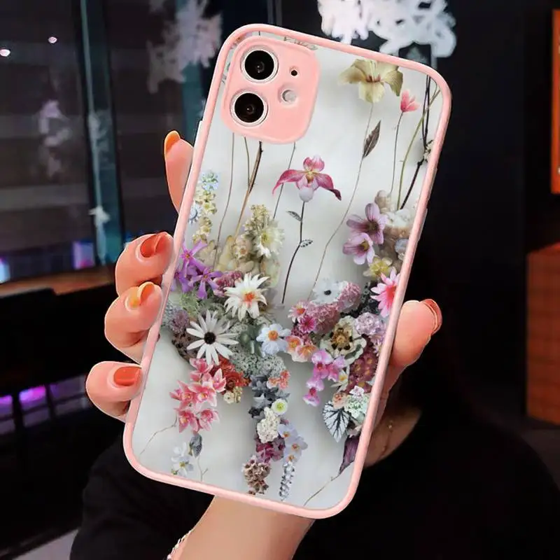 

Colorful Real Dry Flower Phone Case For iPhone 12 11 Mini Pro XR XS Max 7 8 Plus X Matte transparent Pink Back Cover