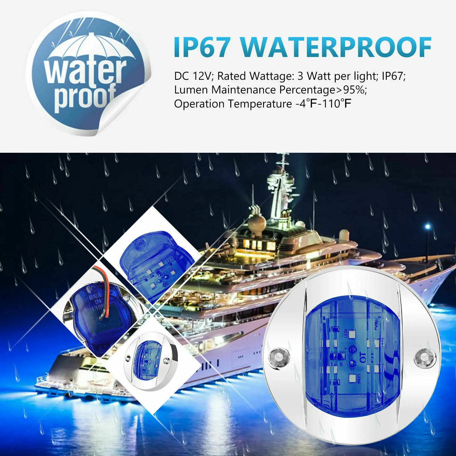 

Blue Lights Light Stern Boat Waterproof 12V DC 8500K Accessories Courtesy LED