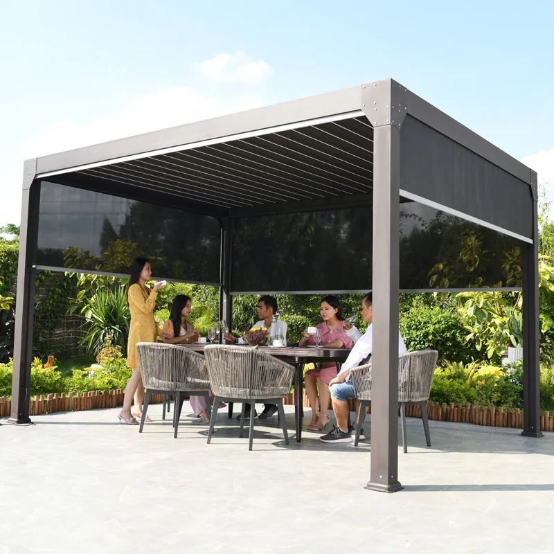 

Waterproof Deck Patio Cover Electric Opening Louver Roof System Outdoor Aluminum Pergoda with solar LED light gazebo carport