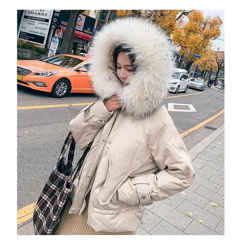 Зимняя парка с мехом енота плюс размер куртка гусиным пером Женская на белом