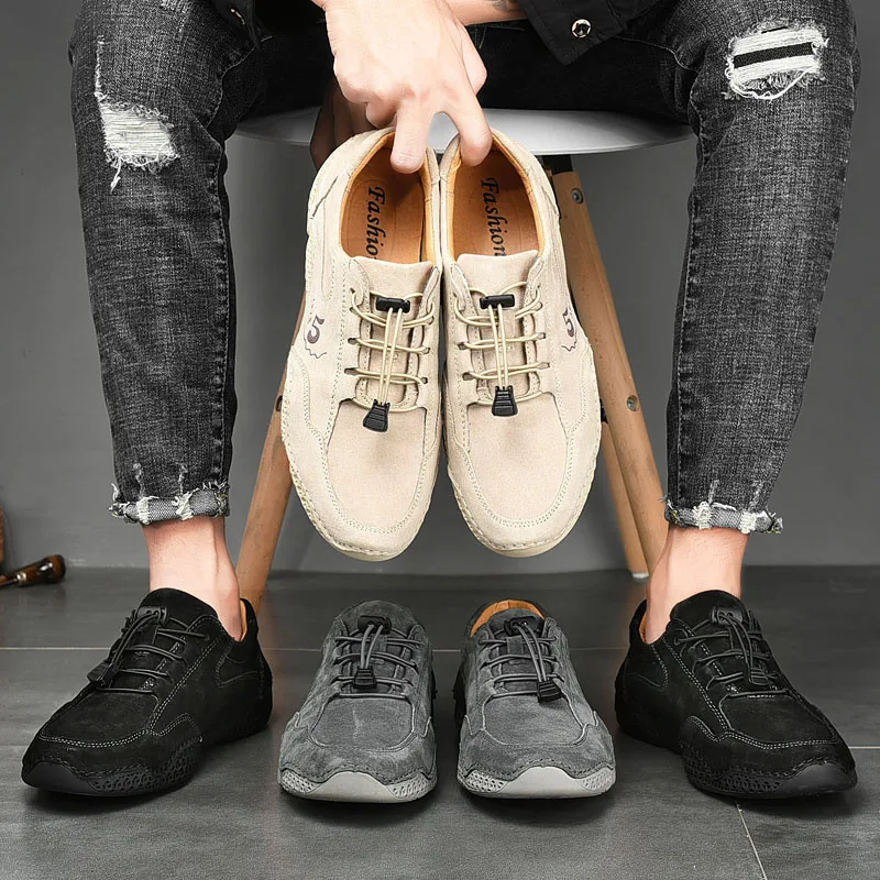 Мужские кожаные кроссовки на резиновой подошве с нескользящей подошвой в стиле