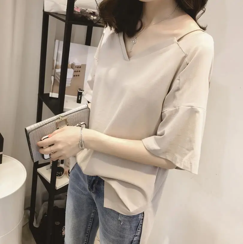 

2021 Summer New Korean Version of Pure Color Loose V-neck Sling Short-sleeved T-shirt Plus Size Ladies Top Shirts for Women