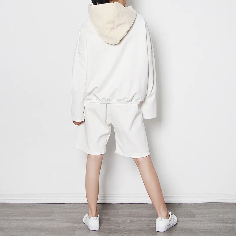 

Mozision Two Piece Set Fort Women Solid Hooded Sweatshirt Short Pants Women 2021 Spring Newcasual Loose Warm Sporty Set Tide