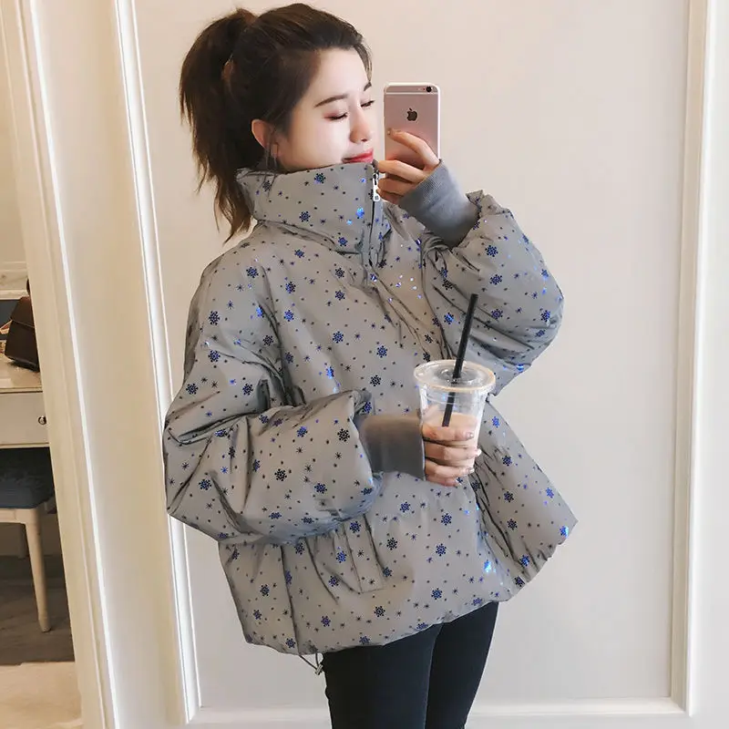 Style Quilted Cloth Silver Color Snowflake Short Waterproof Bright Surface Jacket Woman Cotton Dress Large Size