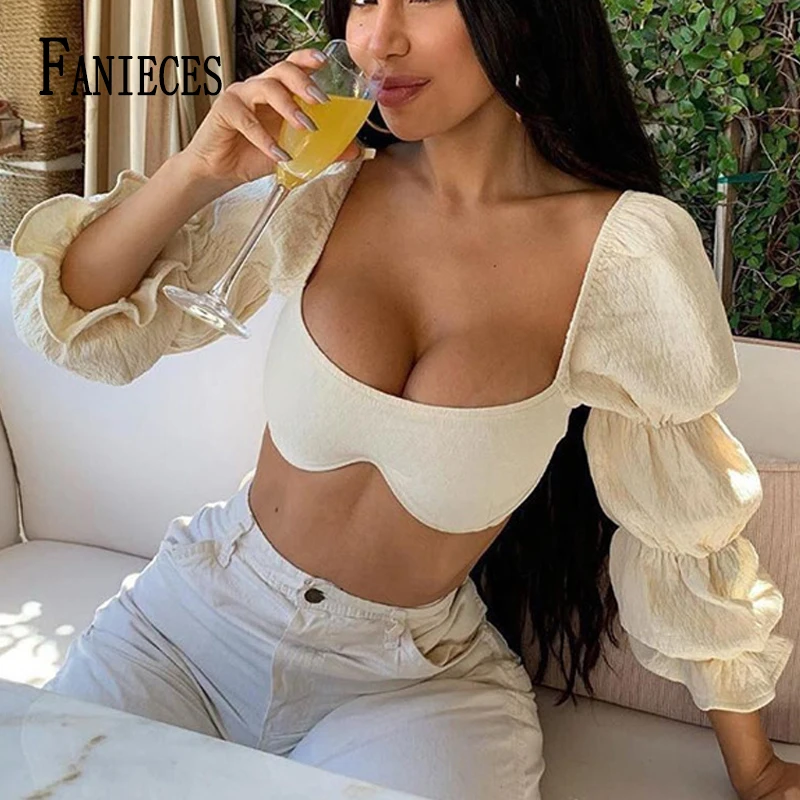 

FANIECES Women Blouse Crop Top Autumn Pleasted Puff Sleeves Square Neck Elegant Blouses Solid Color Slim Pullover Blusa Feminina