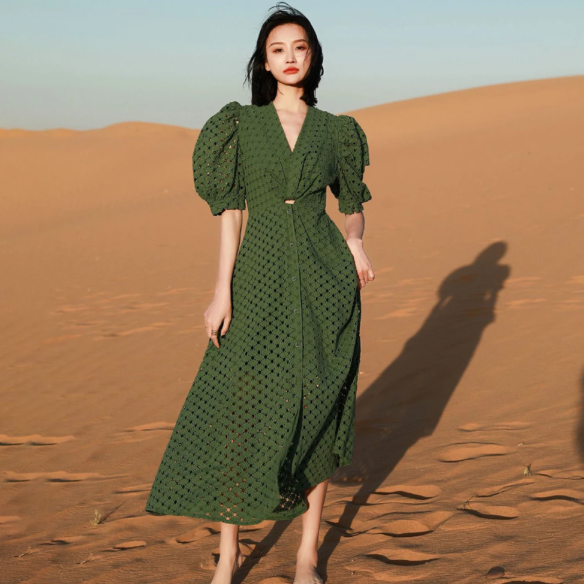

Jastie 2022 Hollow Out Floral Embroidered Dresses Summer Short Sleeve V-Neck Hight Waist Women Dresses Boho Beach Long Vestidos