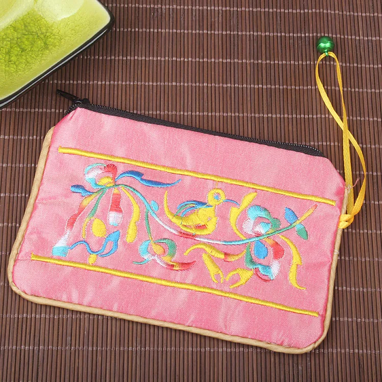 10pcs Chinese style Double Embroidery Bells Satin Zip Bags for Jewelry Gift Pouch Packaging Card Cover Women Coin Purse Favors