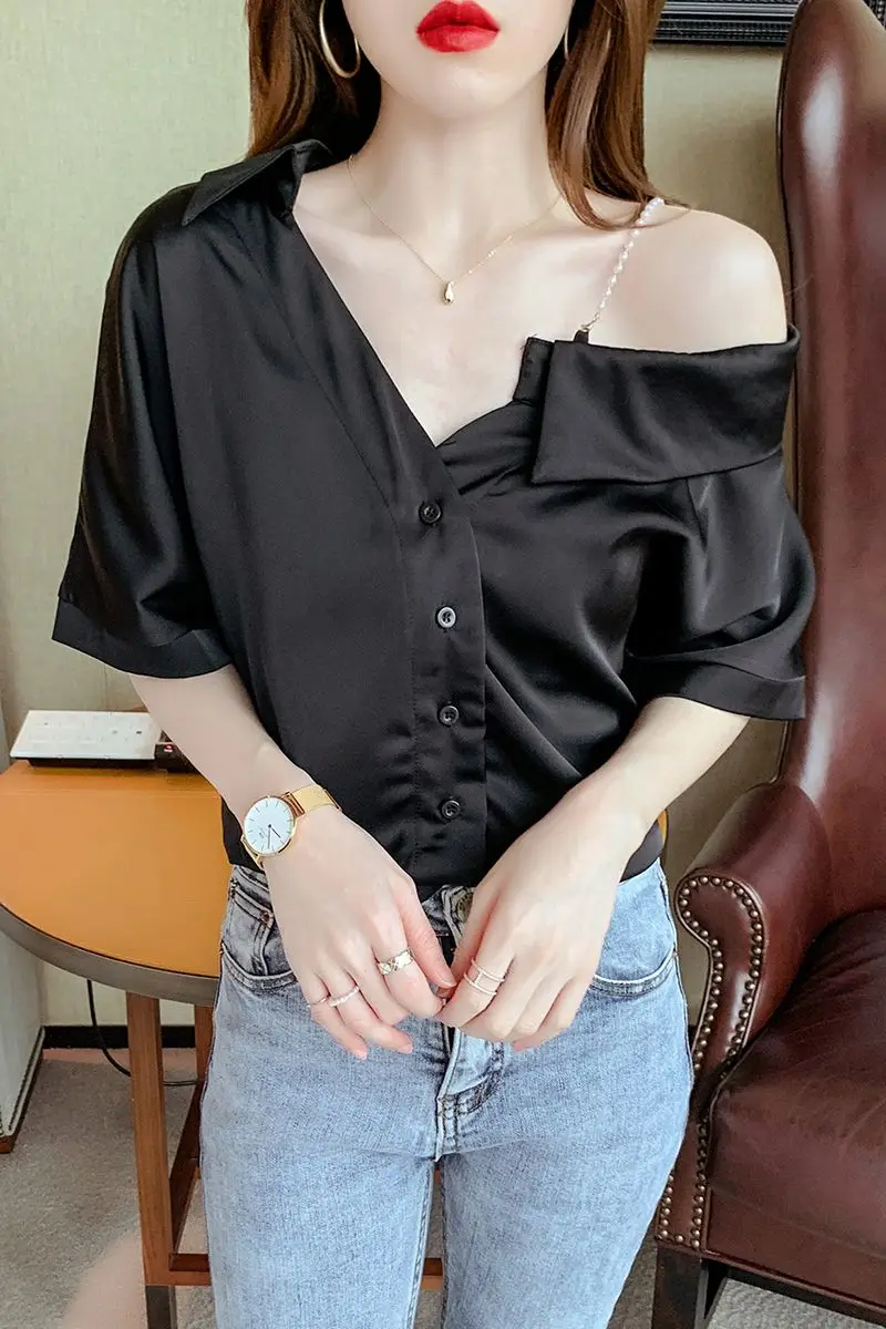 

COIGARSAM Sexy Solid Shirt Womens tops New Summer Fashion Women shirts White Black 1720