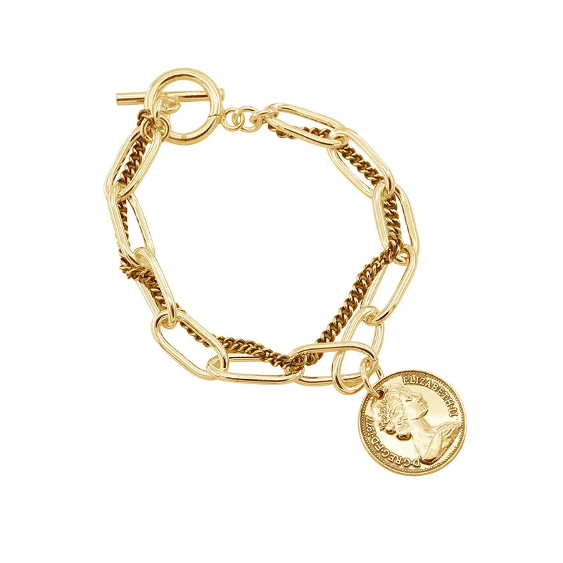 New Silver Gold Queen Head Coin Pendant Chain Double Layer OT Buckle Charm Bracelet Gifts Women Men Party Punk Jewelry Findings | Украшения