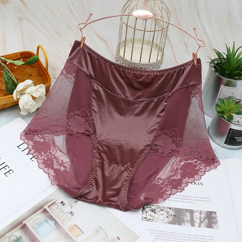 Трусы женские кружевные тонкие атласные с завышенной талией размера плюс хлопок