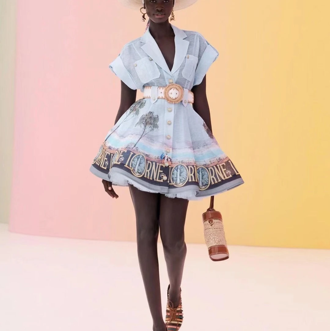 

Women Summer Beach Wear Fashion Print Linen Dress Mini Dress