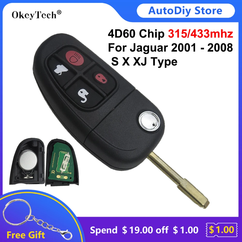 

OkeyTech 4 Buttons Adjustable ASK 315/433Mhz 4D60 Chip Flip Car Remote Control Key For Jaguar S X XJ TYPE 2001-2008 NHVWB1U243