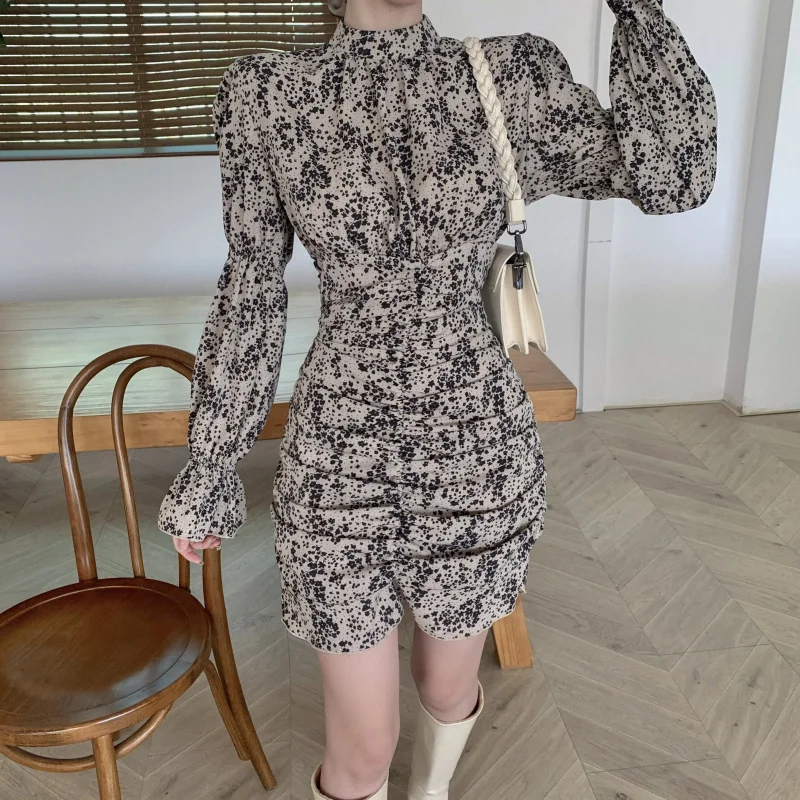 

Sutimine 2021 Summer Autumn New Fashion Dress Chic Print Dress Elegant Chinese Fashion Pleat Puff Sleeve Short Mini Dress Women