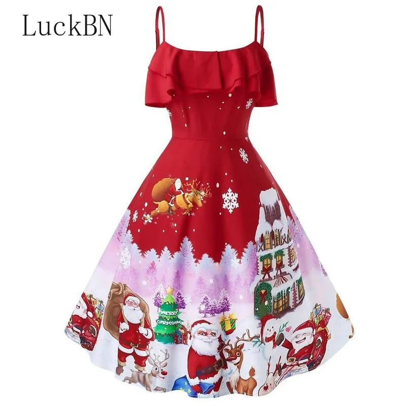 

Женское рождественское платье без рукавов, красное элегантное платье-трапеция с оборками, открытыми плечами и высокой талией, модель 2021 на ...