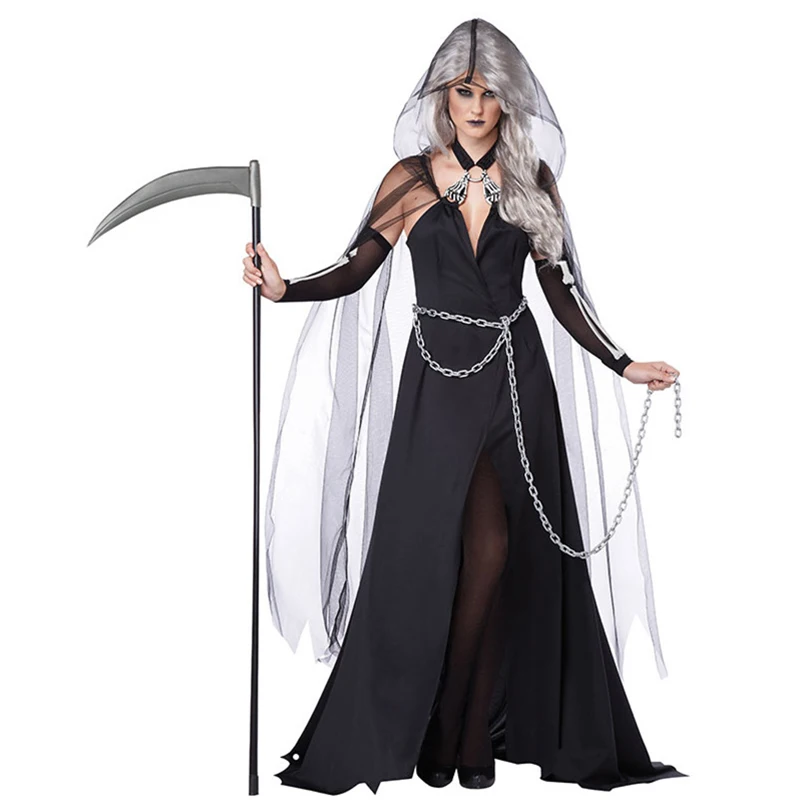 

Women Halloween Ghost Dress Fantasia Role Play Death Cosplay Adult Women Carnival Fancy Party Death Costume Dress Up Suit