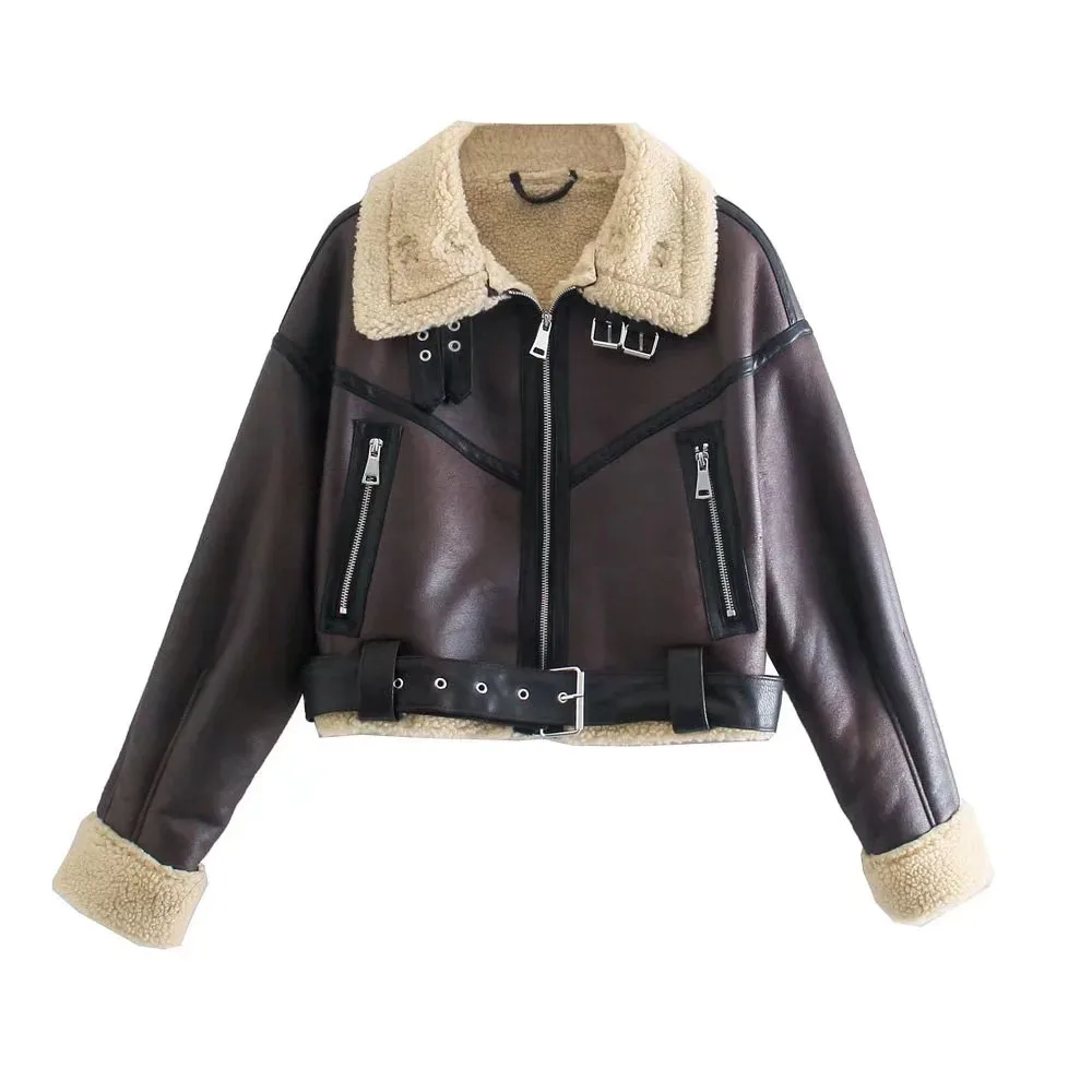 

BBWM 2021 Winter Women Warm PU Vintage Solid Cool Faux Fur Leather Jacket Female Loose Casual Streetwear Long Sleeve Top