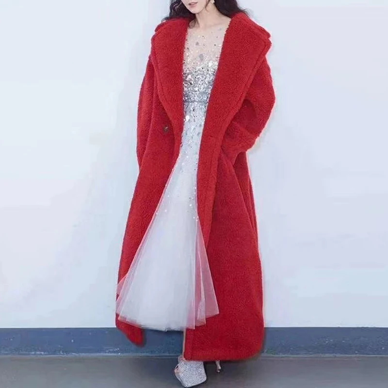 

TWOTWINSTYLE Casual Faux Fur Coat For Women Lapel Long Sleeve Solid Red Lambswool Coats Female Fashion New Clothing 2020 Winter