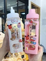 cartoon straw cup water bottle with diy sticker 700ml900ml plastic travel tea juice milk portable cute shaker drink bottle gift