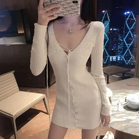 sexy womens knitted dress v neck mini dress single breasted sweater party dresses