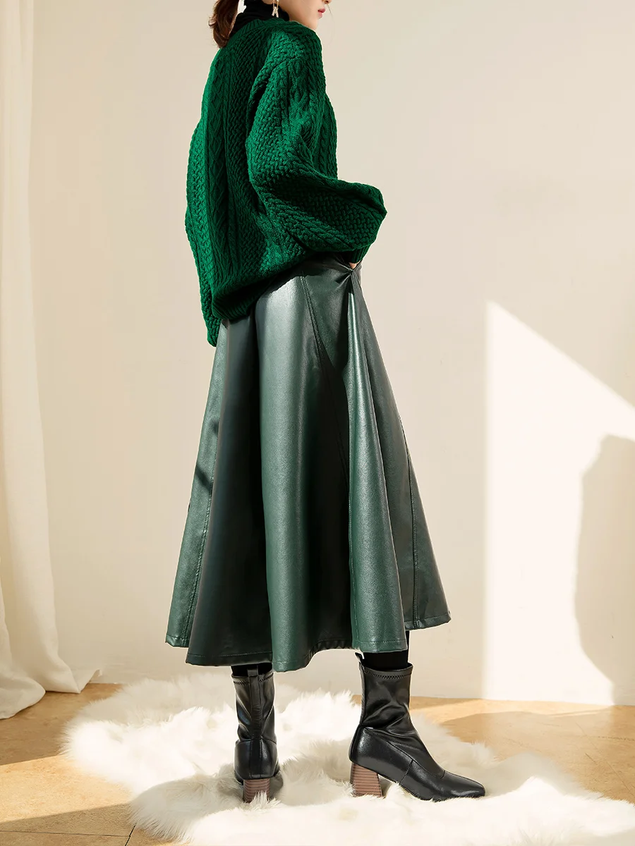 

high waist vintage a-line long skirt 2021 spring autumn fashion pu leather skirt women