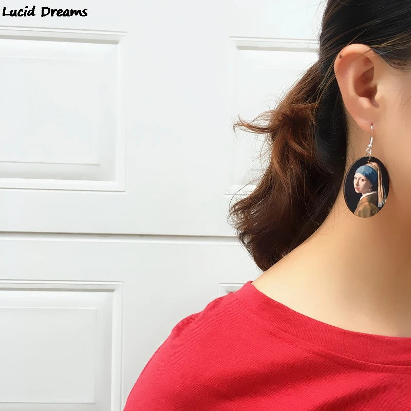 Retro Oil Painting Art Van Gogh Starry Night Mona Lisa Drop Earrings Vermee Women Wood Vintage Earrings Fashion Jewelry Bijoux