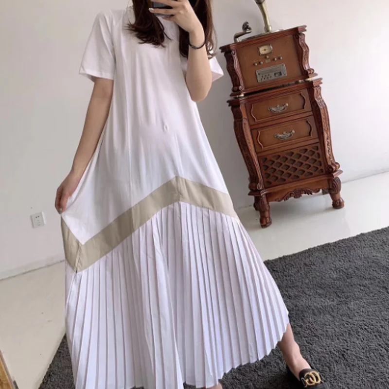 

GOOHOJIO 2020 New Autumn Loose Women Pleated Dress Temperament O-neck Ladies Dress Short Sleeves Chic Club Party Dresses Female