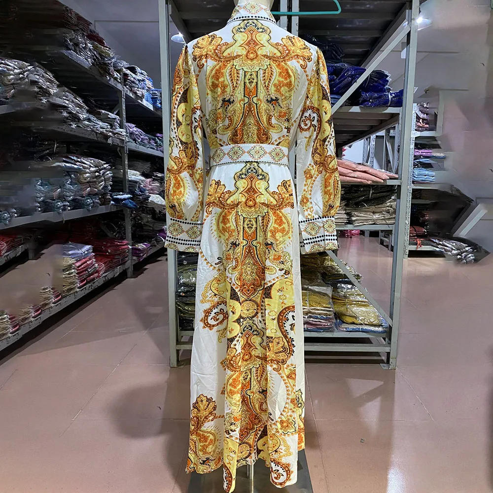 

2021 Summer New Western Style Indie Oversize Retro Palace Vacation Printing Women's Dress Single-breasted Lapel Long Sleeve