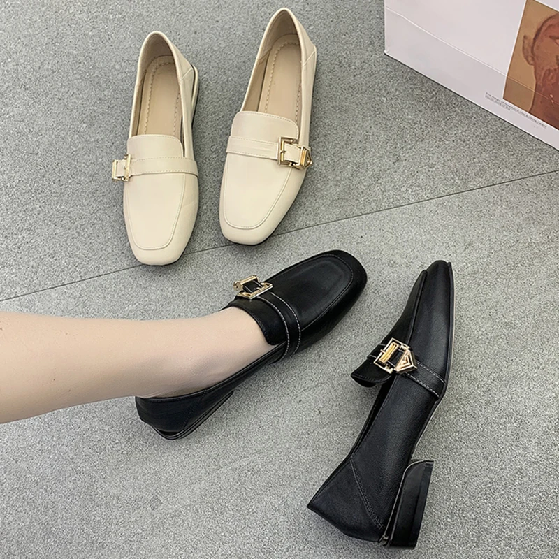 

2021 Spring Autumn Woman Flats Black Low Heels Casual Shoes Women Leather Shoes Square Toe Buckle Loafers Oxford Shoes