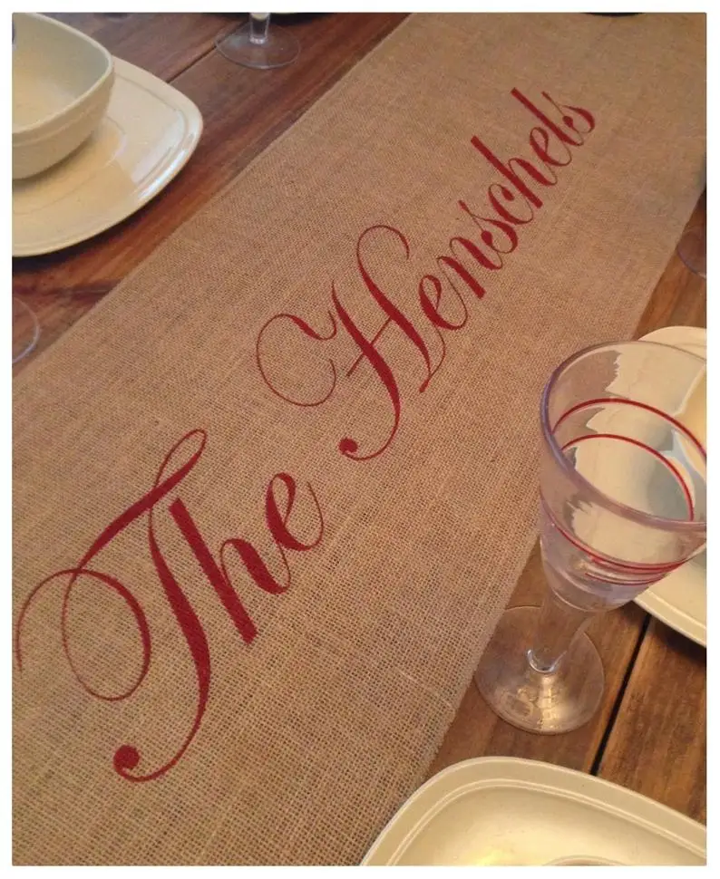 Monogrammed Burlap Table Runner with Custom Name and FINISHED Edges Holiday Decorating Topper Overlay Wedding |