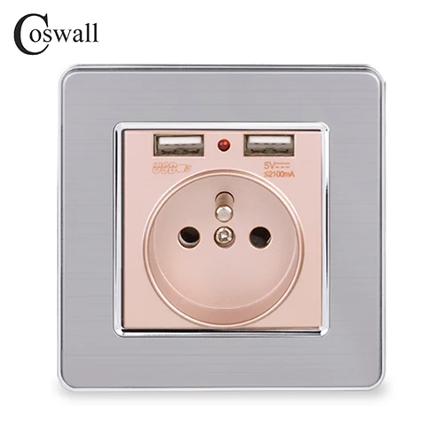 Coswall двойной usb зарядный порт 5 в 2.1A светодиодный индикатор 16A французская настенная розетка панель из нержавеющей стали Серый Черный Белый Золотой - Тип: Gold