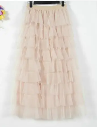 ivory Женские многослойные длинные фатиновые юбки Cakee уличная многослойная сетчатая плиссированная юбка-пачка длиной до лодыжки розовые серые цвета слоновой кости - Цвет: ivory