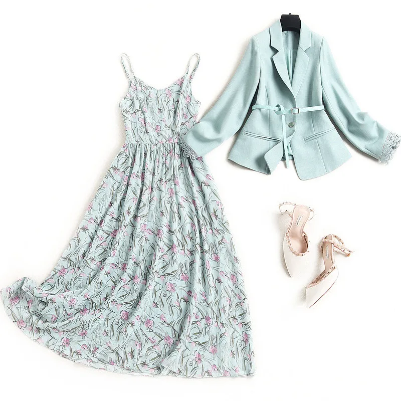 

Elegant Office Lady Designers Notched Blazer and Print Midi Strap Chiffon Dress 2 Piece Suit Women Spring Clothes Green Vestidos