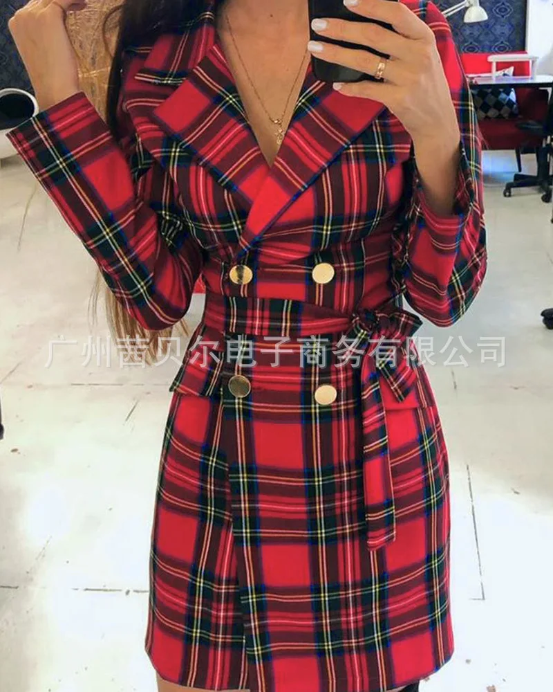 WEPBEL Женская деловая юбка на пуговицах с отложным воротником мини платье в клетку