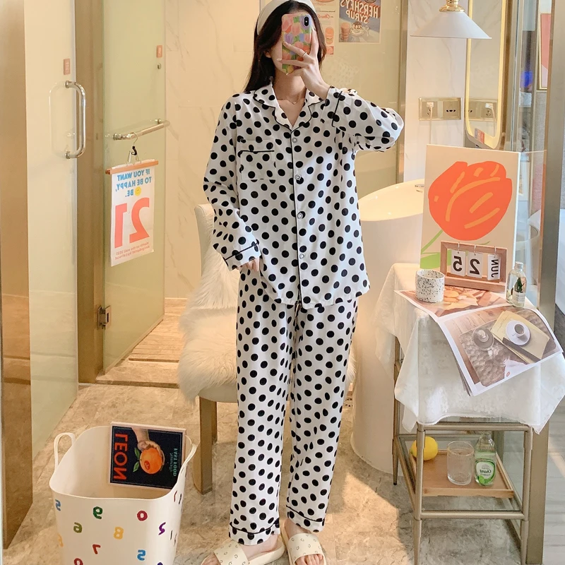 CAIYIER Women Pajamas Set Autumn Long-sleeved Pants Cute Turn-down Collar Nightwear Sexy Silk Cartoon Cartoon  Home Clothing 2XL