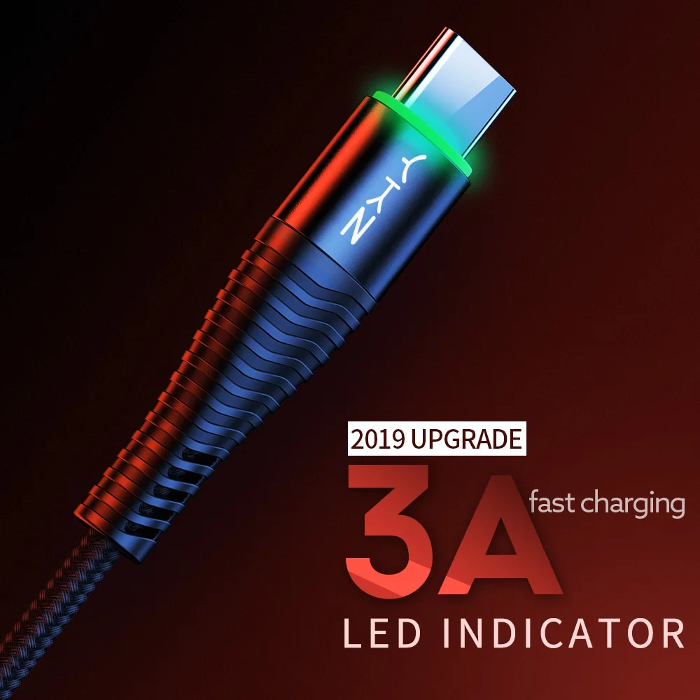YKZ светодиодный usb type-C кабель 3 А Быстрая зарядка USB C кабель для samsung S10 Xiaomi mi9 HUAWEI USBC type-c кабель для передачи данных USB-C зарядное устройство 1,8 м