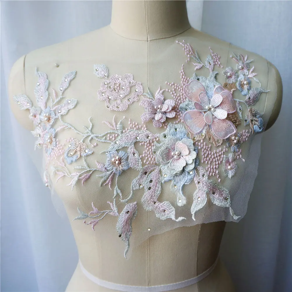 Черные синие золотые 3D Цветочные кружевные тканевые бусины вышитые аппликации