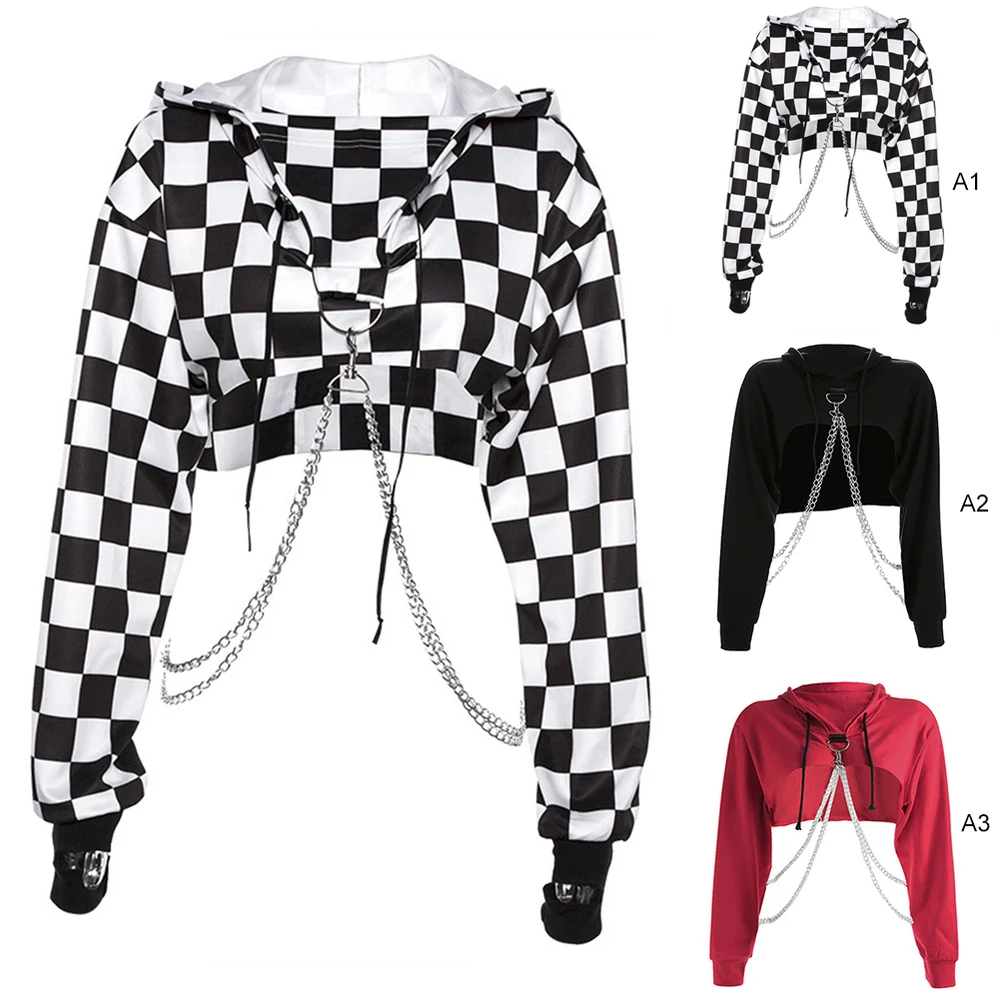 Женские толстовки с капюшоном сексуальный готический панк топ цепочкой пуловер