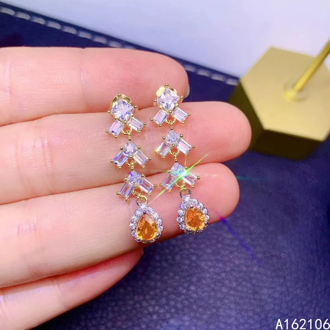 

Fine Jewelry 925 Pure Silver Chinese Style Natural Yellow Sapphire Girl Luxury Classic Water Drop Gem Earrings Ear Stud Support