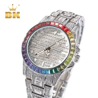 the bling king baguette cz watches rainbow surround full iced out big dial watch men stainless steel fashion luxury quartz watch