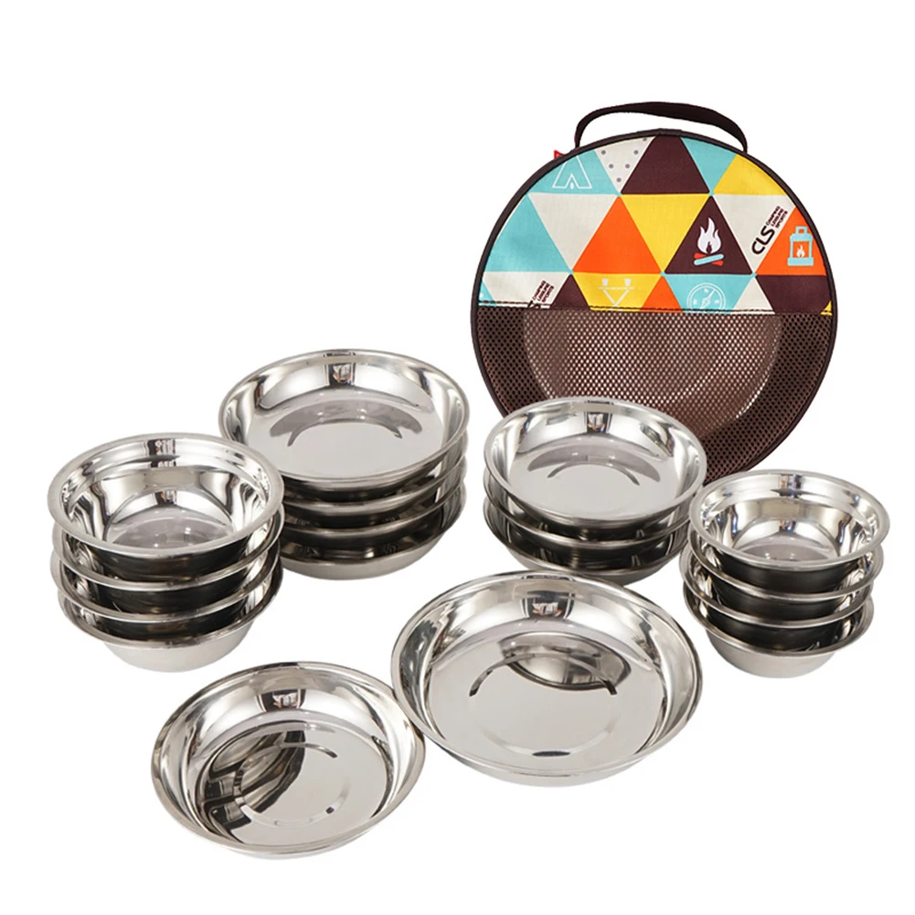 

17pcs Portable Camping Mess Kit Outdoor Tableware Stainless Steel Plate Bowl with Storage Bag for Barbecue Picnic Dinnerware