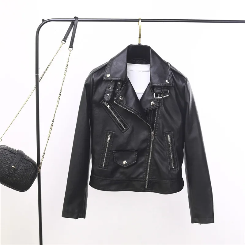 Streetwear Style Ladies Motorcycle Biker Leather Jacket Women Short Moto Zipper Faux Leather Black White Short Jackets and Coats