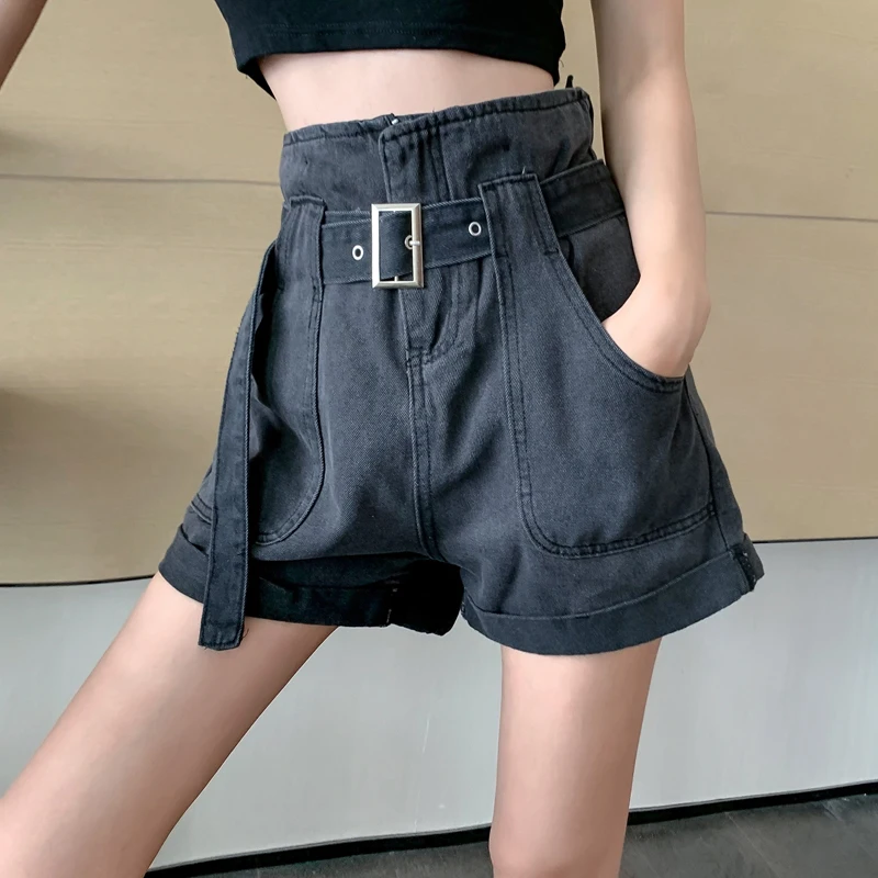 

Denim Playsuits Women Summer thin section High Waist Loose Personality Retro Hong Kong style Shorts Jeans detachable