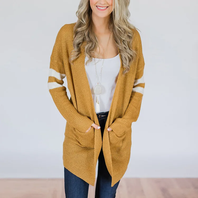 

2021 Women's Sweater Mid-length Sleeve Striped Color Block Cardigan