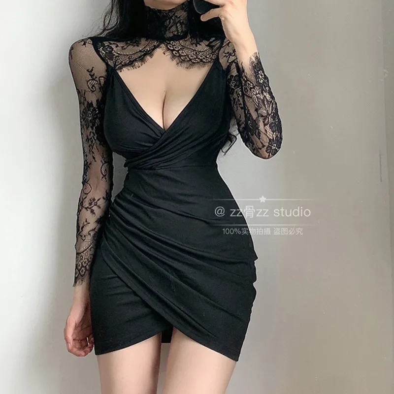 

WOMENGAGA Autumn New OL Sexy Mature V Neck Lace Mesh Splicing Elegant Hollow Out Long Sleeve Mini Dress Sweet Asian Female V6WQ