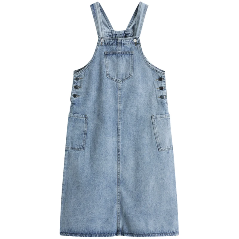 

Korean Style Fashion Denim Strap Dress Pockets Button Womens Summer New Loose A-Line Vintage Casual Elegant Sleeveless Dress
