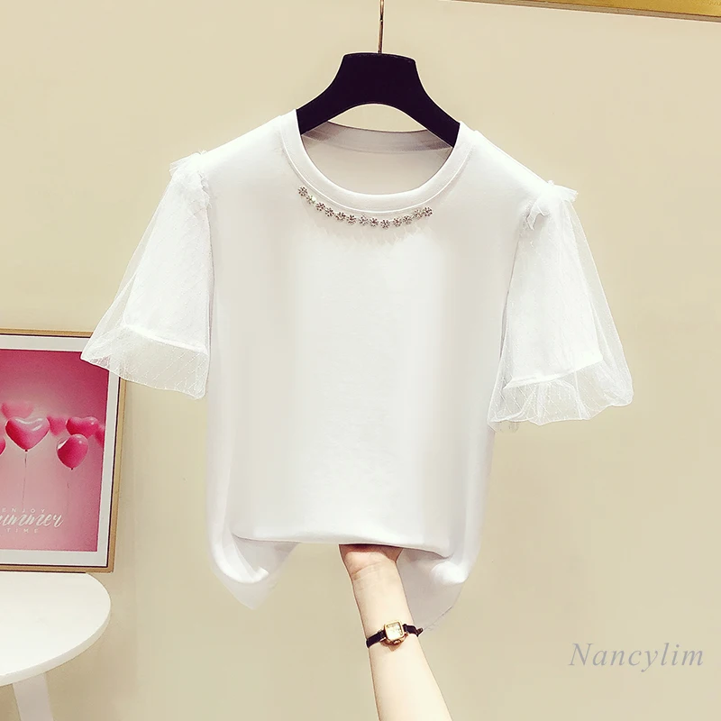 

Women White T Shirt 2021 Summer New Korean Style Temperament Mesh Puff Sleeve Diamond-Embedded Round Neck Top Camisetas De Mujer