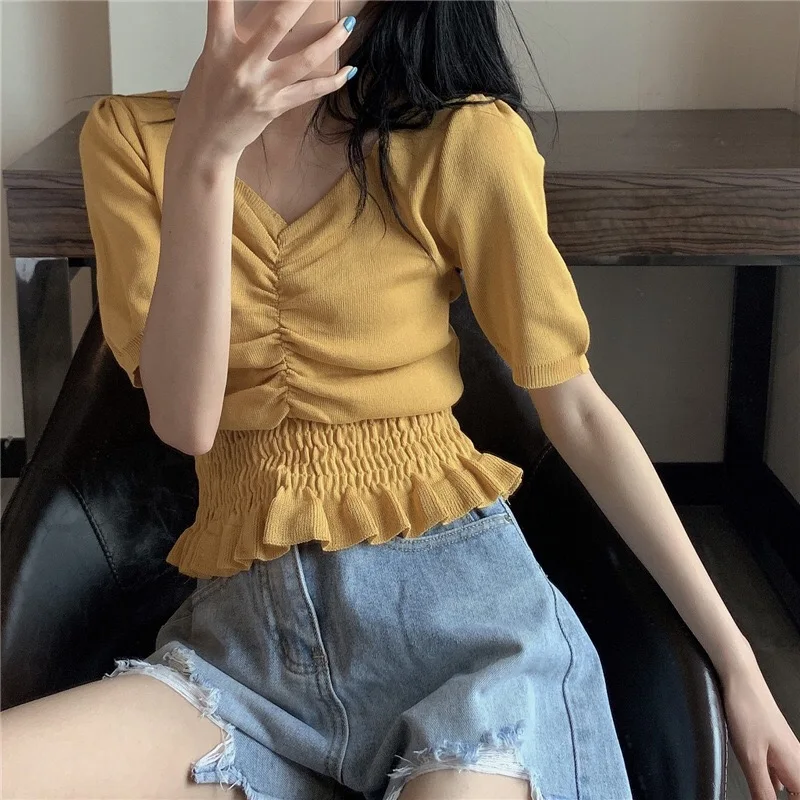 

J2284 -2021 summer new Korean short bottoming shirt net red slim slimming solid color short-sleeved T-shirt female